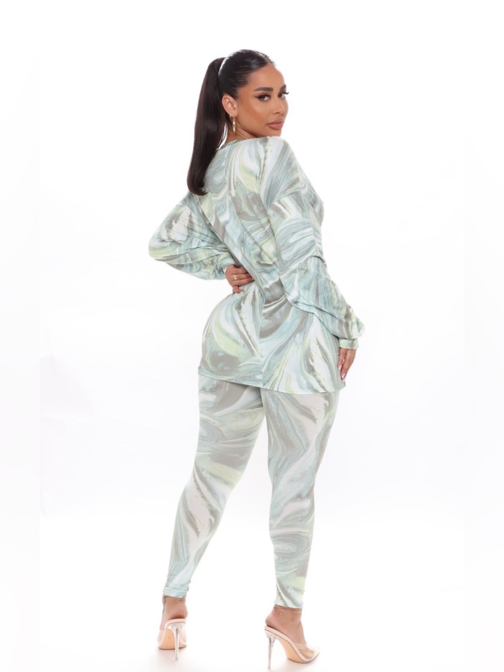 💚 Fashion Nova Marble 2 PC Shirt Top Leggings Lounge Set in Mint Sage Gray XL - Picture 5 of 6